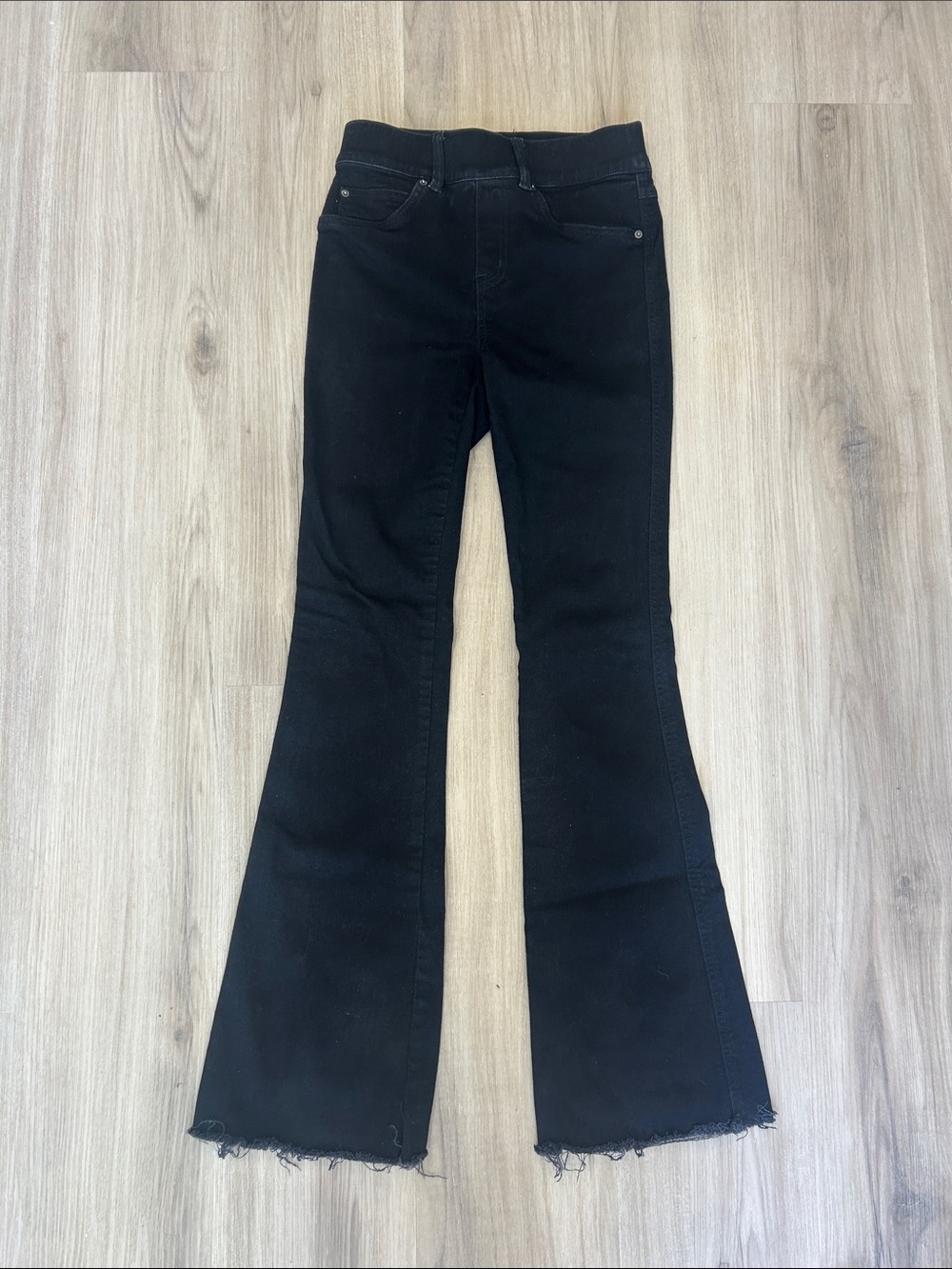 Spanx Pull On Flare Jeans Black Raw Hem High Rise Stretch Denim XS Regular